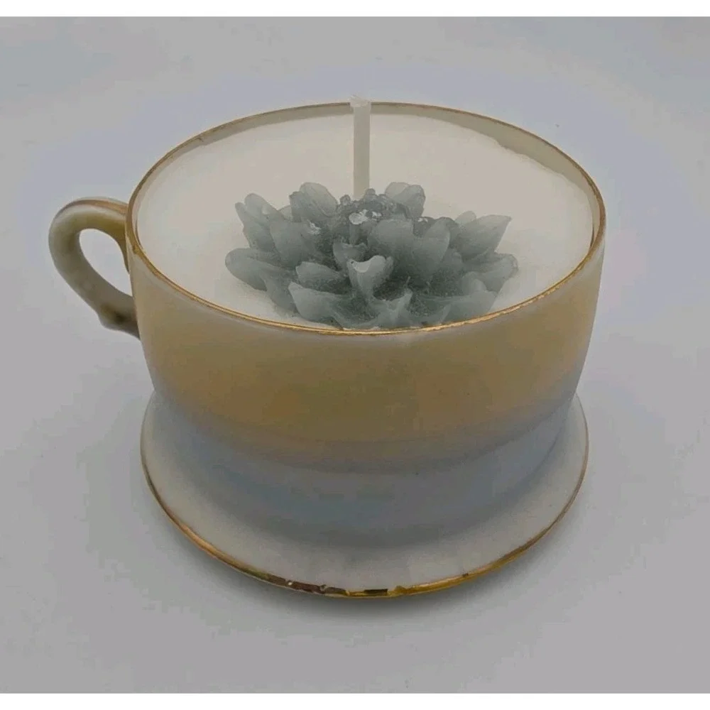 Vintage Japanese Eggshell Porcelain Mount Fuji Cup Snack Plate Set with Candle